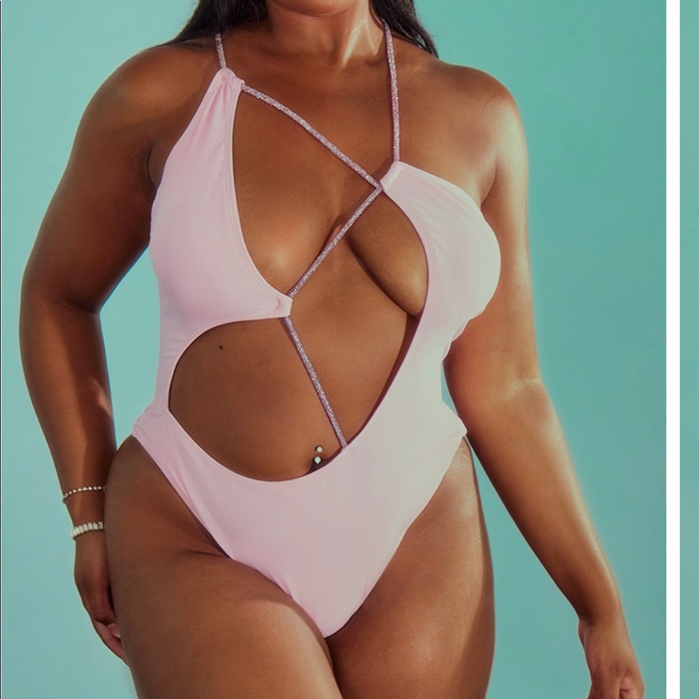 Light pink rhinestone strap swimsuit